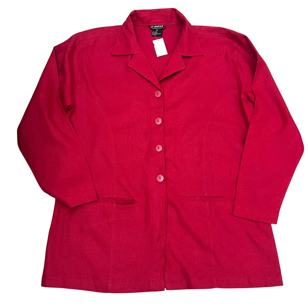 Vintage New Red Linen Button Down Shirt Jacket Blazer Women Large Lagenlook